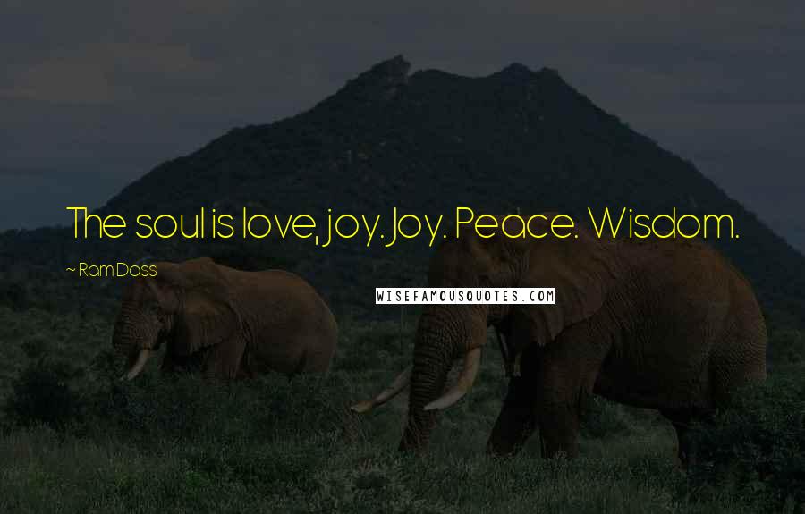 Ram Dass Quotes: The soul is love, joy. Joy. Peace. Wisdom.