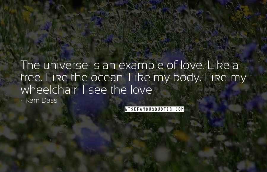 Ram Dass Quotes: The universe is an example of love. Like a tree. Like the ocean. Like my body. Like my wheelchair. I see the love.