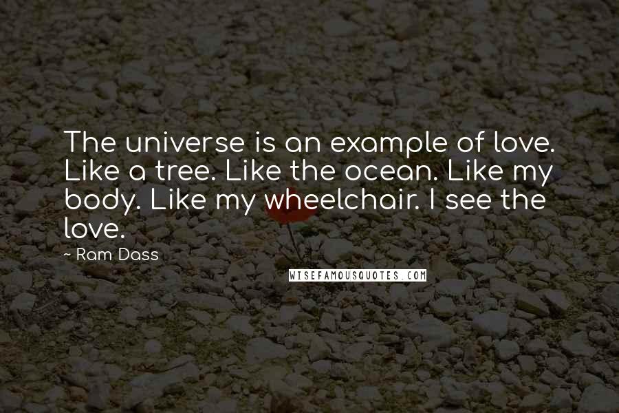 Ram Dass Quotes: The universe is an example of love. Like a tree. Like the ocean. Like my body. Like my wheelchair. I see the love.