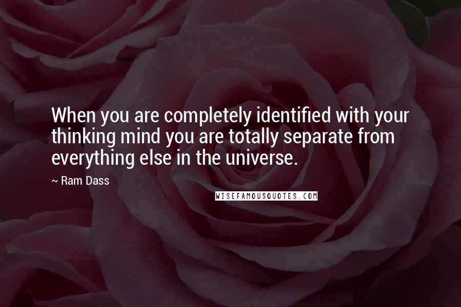 Ram Dass Quotes: When you are completely identified with your thinking mind you are totally separate from everything else in the universe.