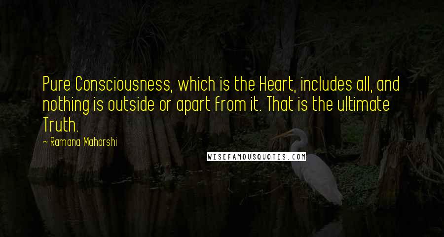 Ramana Maharshi Quotes: Pure Consciousness, which is the Heart, includes all, and nothing is outside or apart from it. That is the ultimate Truth.