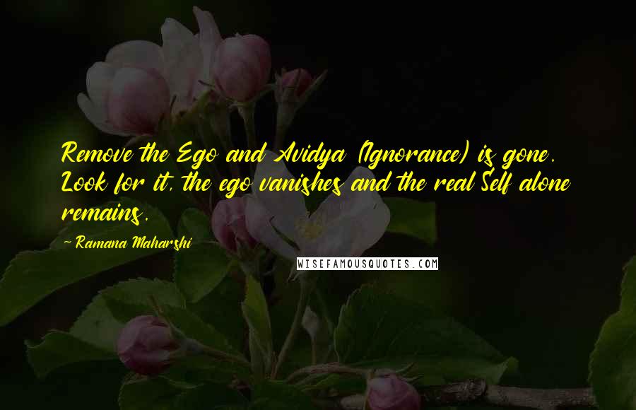 Ramana Maharshi Quotes: Remove the Ego and Avidya (Ignorance) is gone. Look for it, the ego vanishes and the real Self alone remains.