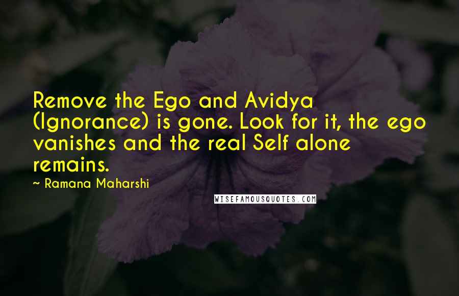 Ramana Maharshi Quotes: Remove the Ego and Avidya (Ignorance) is gone. Look for it, the ego vanishes and the real Self alone remains.