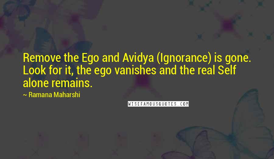 Ramana Maharshi Quotes: Remove the Ego and Avidya (Ignorance) is gone. Look for it, the ego vanishes and the real Self alone remains.