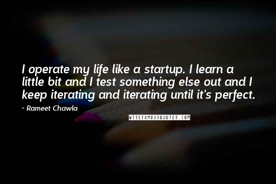 Rameet Chawla Quotes: I operate my life like a startup. I learn a little bit and I test something else out and I keep iterating and iterating until it's perfect.