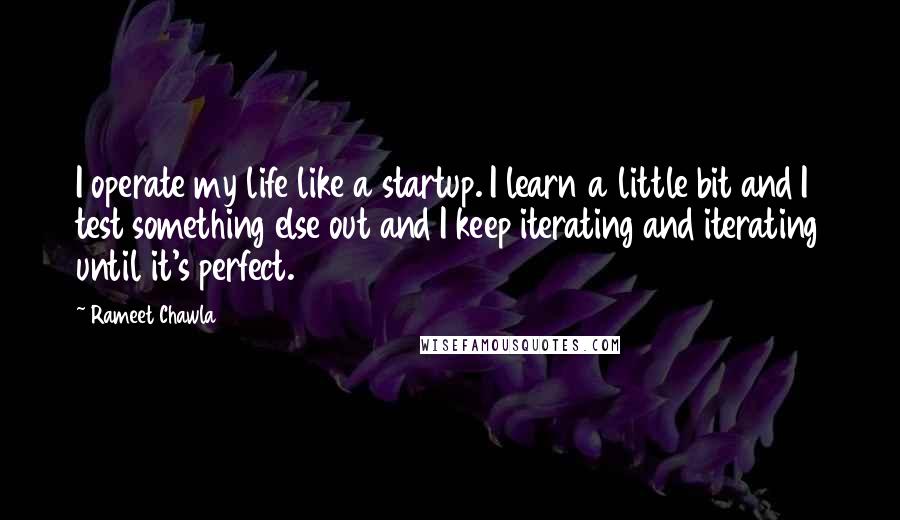 Rameet Chawla Quotes: I operate my life like a startup. I learn a little bit and I test something else out and I keep iterating and iterating until it's perfect.