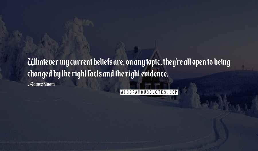 Ramez Naam Quotes: Whatever my current beliefs are, on any topic, they're all open to being changed by the right facts and the right evidence.