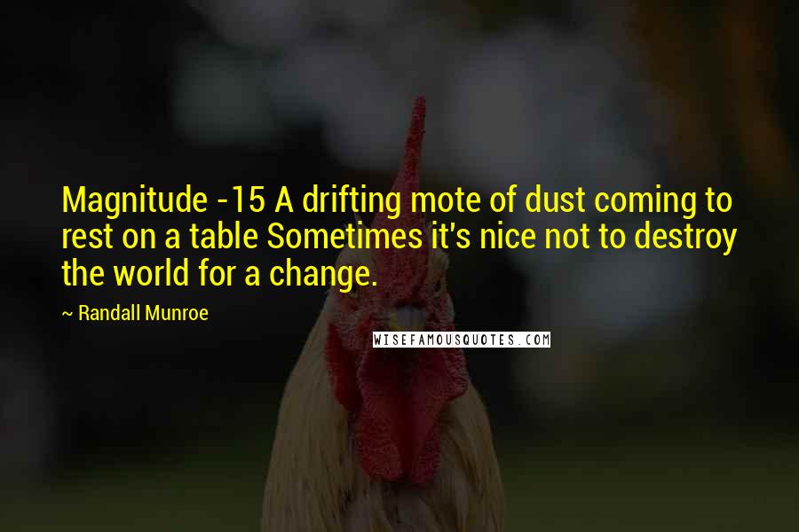 Randall Munroe Quotes: Magnitude -15 A drifting mote of dust coming to rest on a table Sometimes it's nice not to destroy the world for a change.