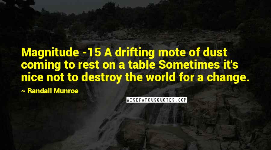 Randall Munroe Quotes: Magnitude -15 A drifting mote of dust coming to rest on a table Sometimes it's nice not to destroy the world for a change.