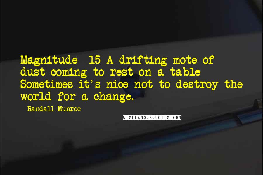 Randall Munroe Quotes: Magnitude -15 A drifting mote of dust coming to rest on a table Sometimes it's nice not to destroy the world for a change.