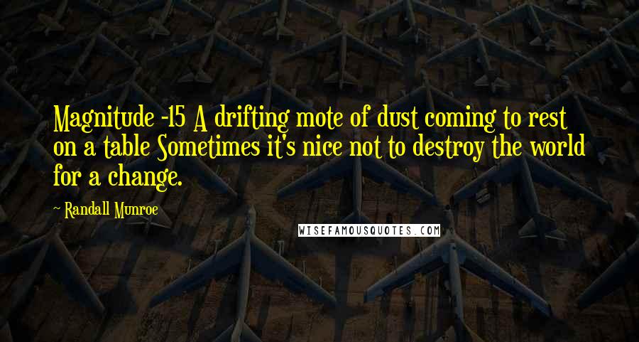 Randall Munroe Quotes: Magnitude -15 A drifting mote of dust coming to rest on a table Sometimes it's nice not to destroy the world for a change.