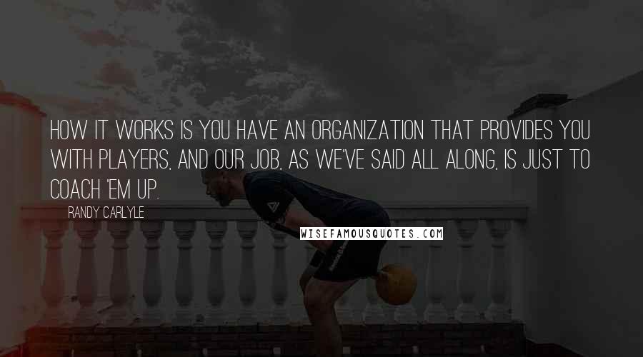 Randy Carlyle Quotes: How it works is you have an organization that provides you with players, and our job, as we've said all along, is just to coach 'em up.