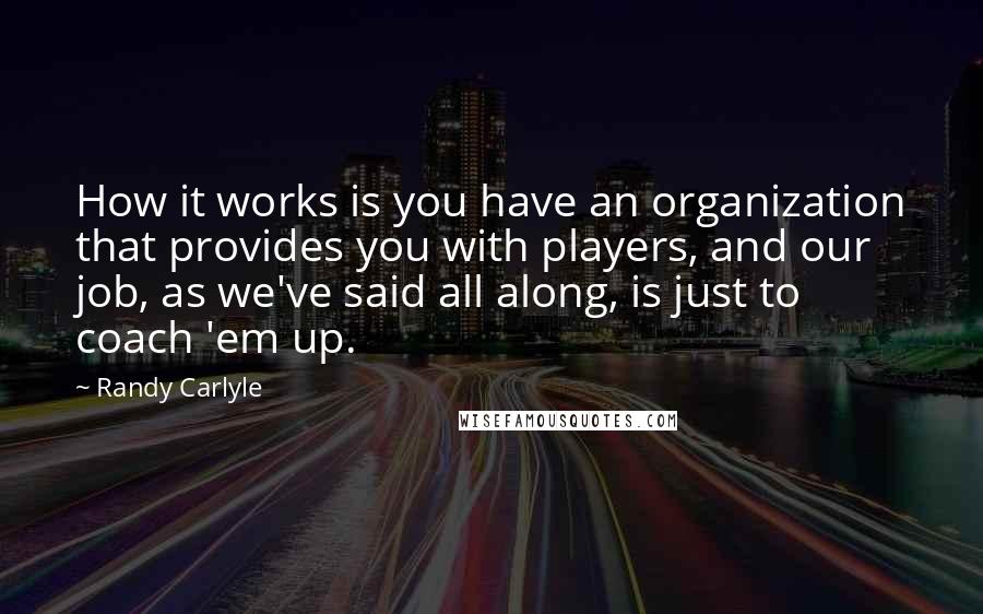 Randy Carlyle Quotes: How it works is you have an organization that provides you with players, and our job, as we've said all along, is just to coach 'em up.