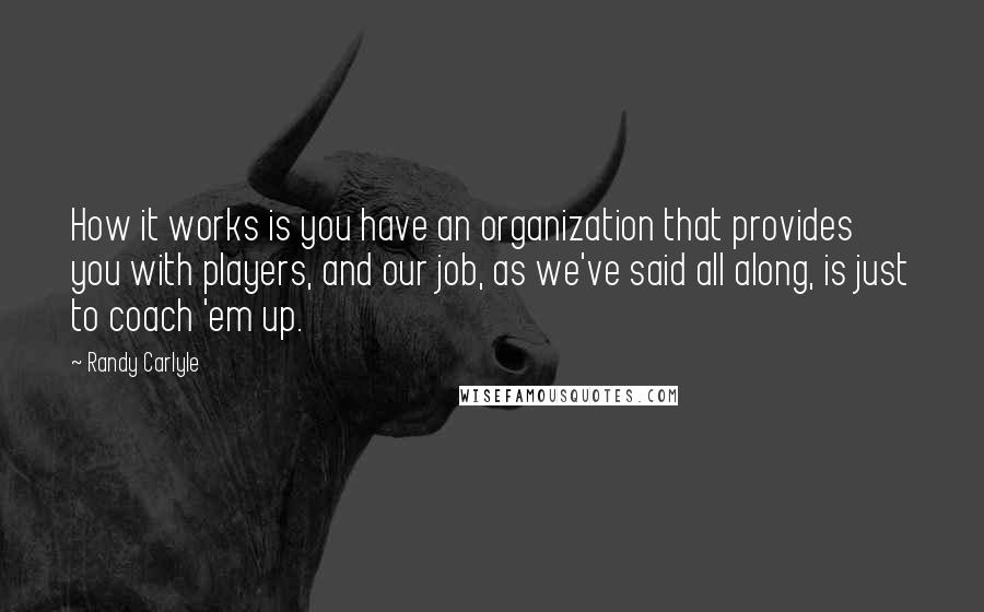 Randy Carlyle Quotes: How it works is you have an organization that provides you with players, and our job, as we've said all along, is just to coach 'em up.
