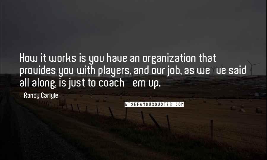 Randy Carlyle Quotes: How it works is you have an organization that provides you with players, and our job, as we've said all along, is just to coach 'em up.