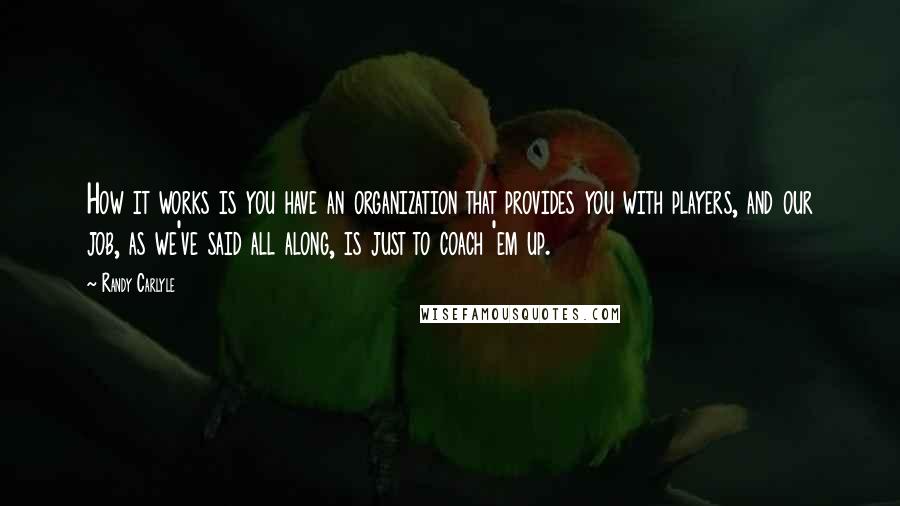 Randy Carlyle Quotes: How it works is you have an organization that provides you with players, and our job, as we've said all along, is just to coach 'em up.