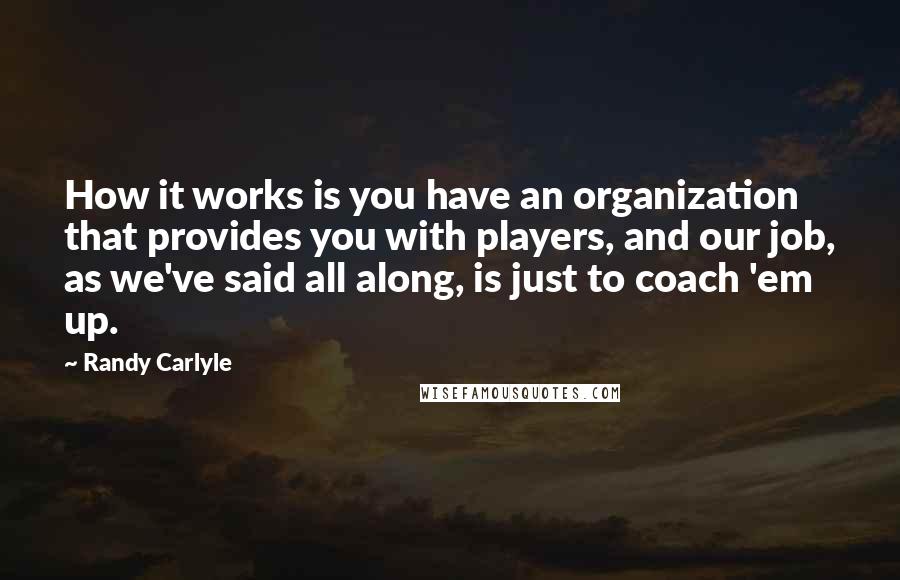 Randy Carlyle Quotes: How it works is you have an organization that provides you with players, and our job, as we've said all along, is just to coach 'em up.