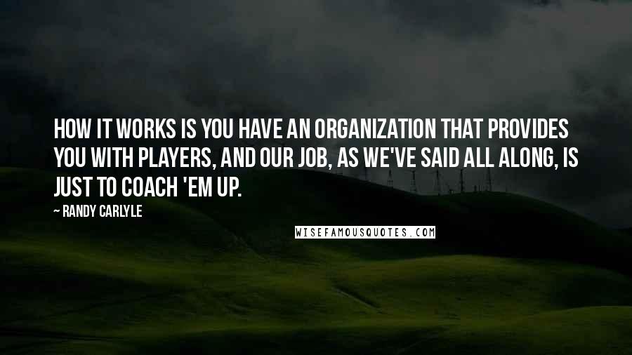 Randy Carlyle Quotes: How it works is you have an organization that provides you with players, and our job, as we've said all along, is just to coach 'em up.