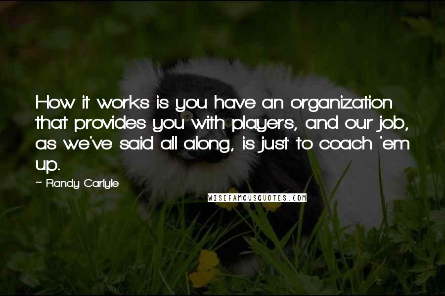 Randy Carlyle Quotes: How it works is you have an organization that provides you with players, and our job, as we've said all along, is just to coach 'em up.