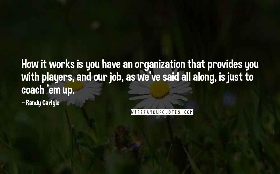 Randy Carlyle Quotes: How it works is you have an organization that provides you with players, and our job, as we've said all along, is just to coach 'em up.