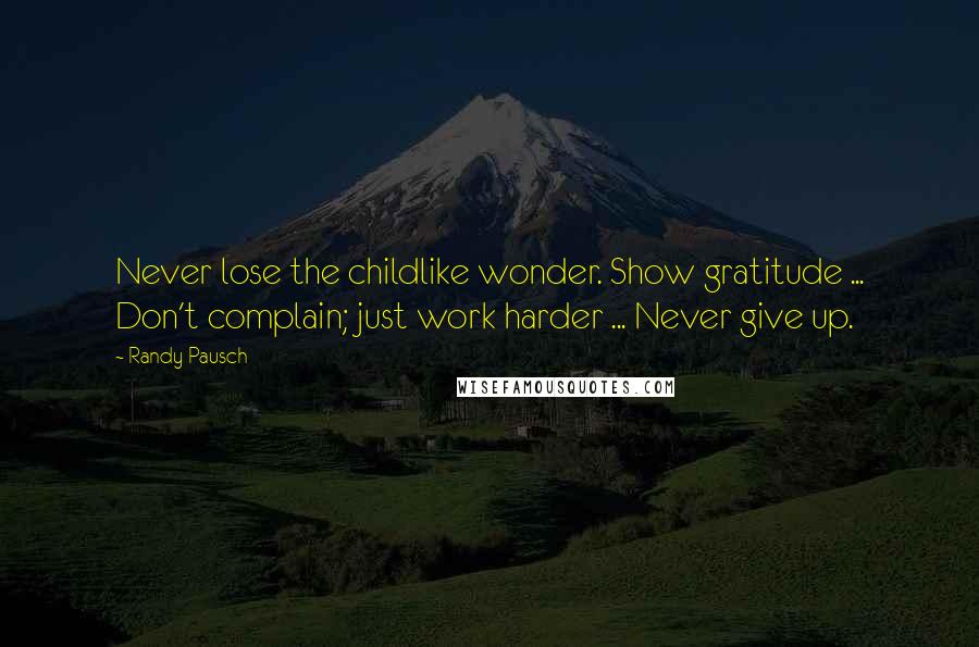 Randy Pausch Quotes: Never lose the childlike wonder. Show gratitude ... Don't complain; just work harder ... Never give up.