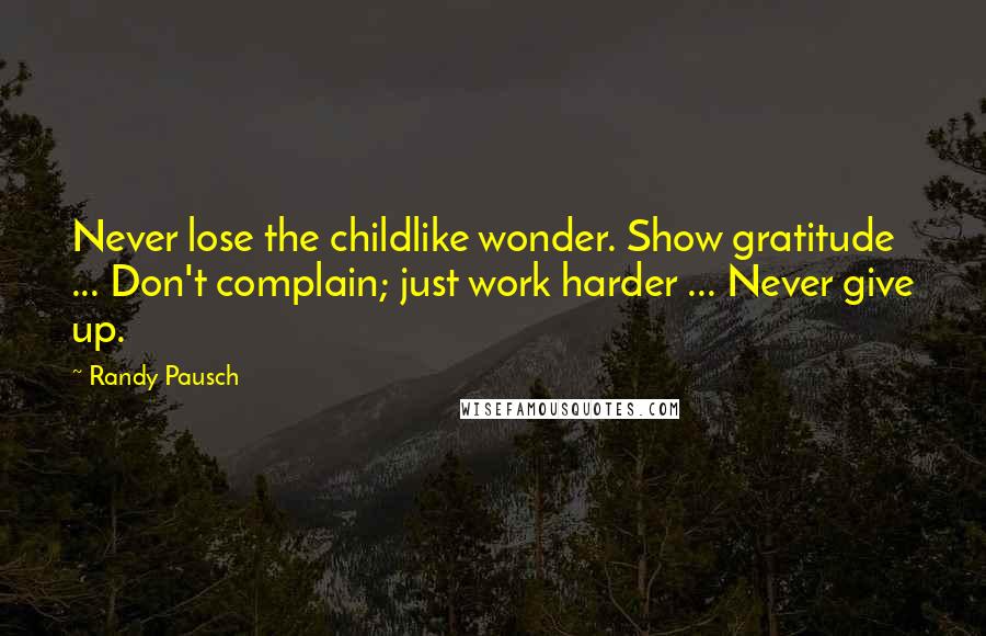 Randy Pausch Quotes: Never lose the childlike wonder. Show gratitude ... Don't complain; just work harder ... Never give up.