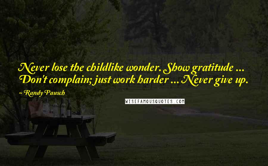 Randy Pausch Quotes: Never lose the childlike wonder. Show gratitude ... Don't complain; just work harder ... Never give up.