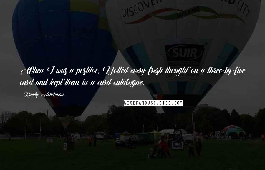 Randy Schekman Quotes: When I was a postdoc, I jotted every fresh thought on a three-by-five card and kept them in a card catalogue.