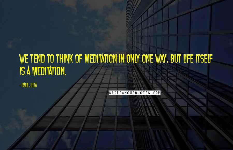 Raul Julia Quotes: We tend to think of meditation in only one way. But life itself is a meditation.