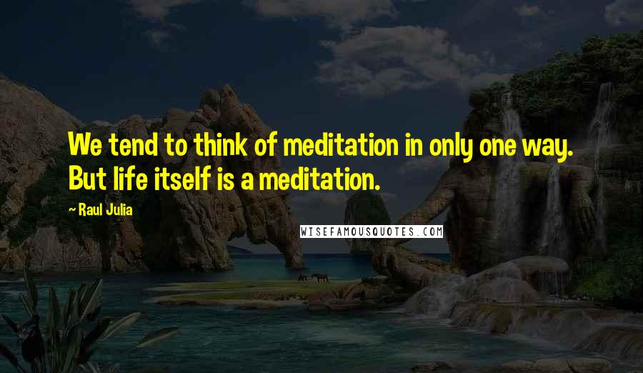 Raul Julia Quotes: We tend to think of meditation in only one way. But life itself is a meditation.