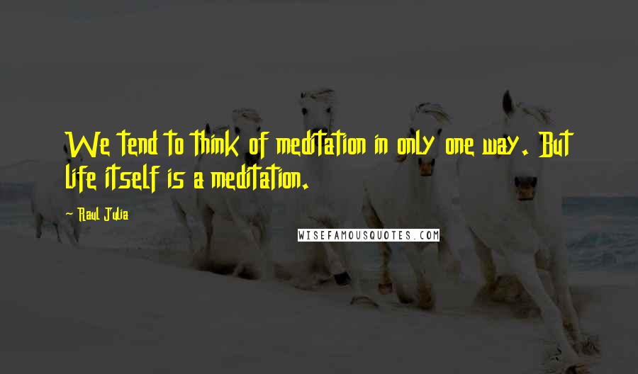Raul Julia Quotes: We tend to think of meditation in only one way. But life itself is a meditation.