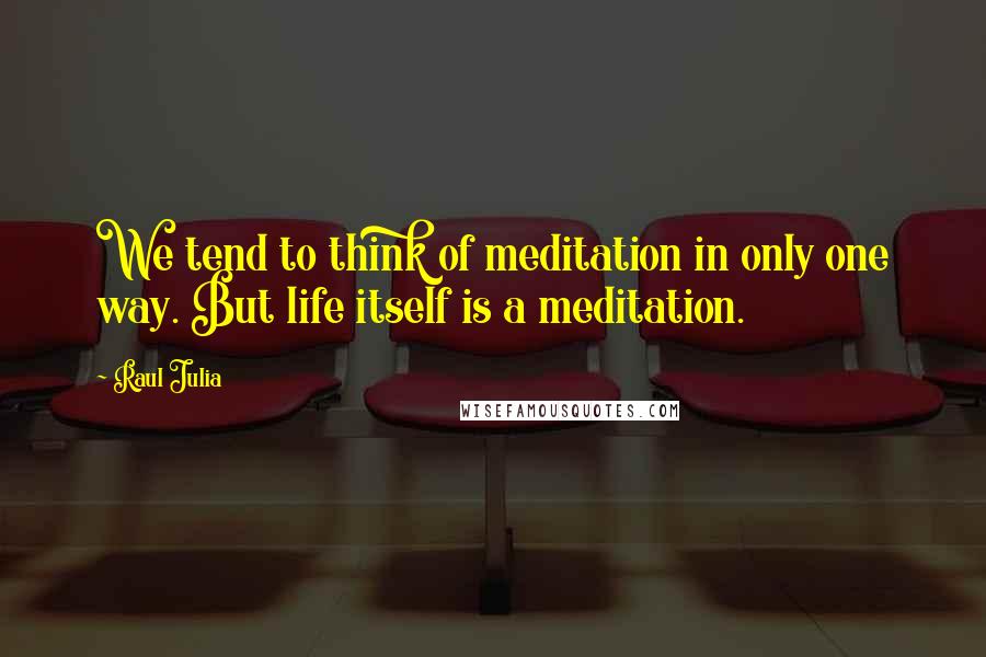 Raul Julia Quotes: We tend to think of meditation in only one way. But life itself is a meditation.