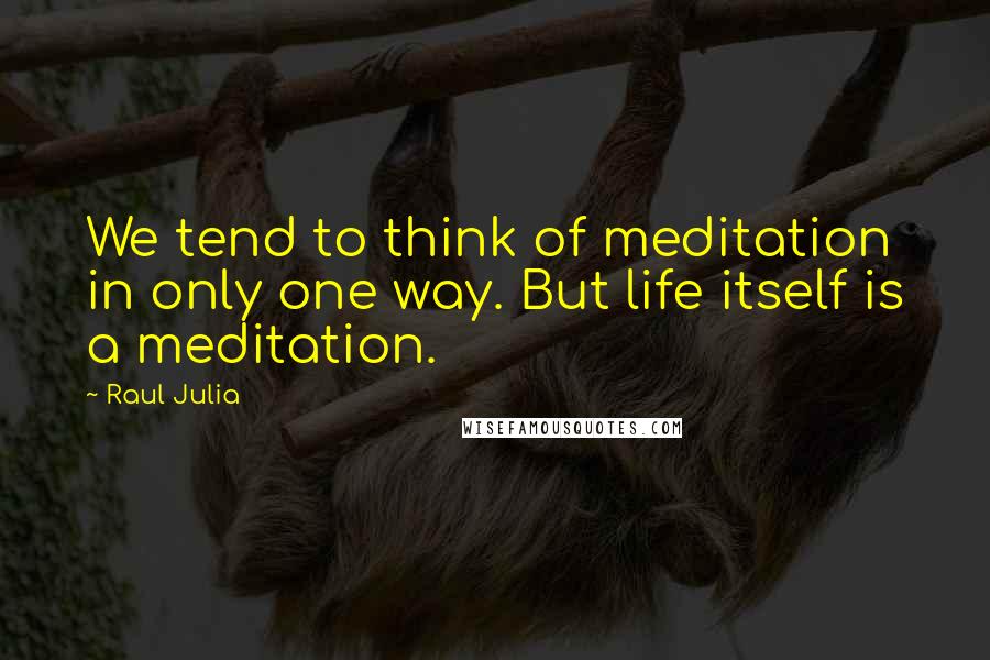 Raul Julia Quotes: We tend to think of meditation in only one way. But life itself is a meditation.