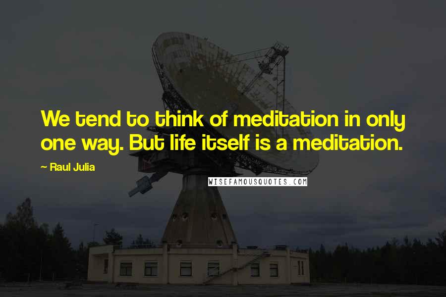 Raul Julia Quotes: We tend to think of meditation in only one way. But life itself is a meditation.