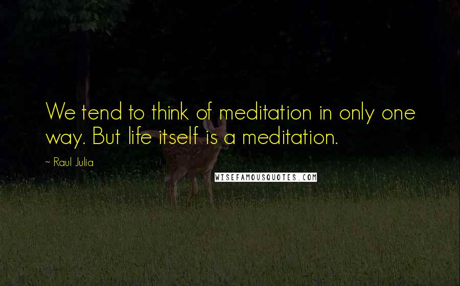 Raul Julia Quotes: We tend to think of meditation in only one way. But life itself is a meditation.