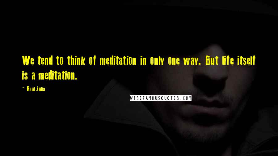 Raul Julia Quotes: We tend to think of meditation in only one way. But life itself is a meditation.