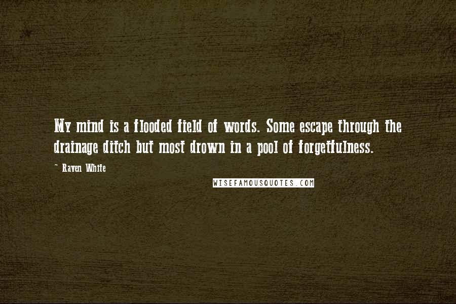 Raven White Quotes: My mind is a flooded field of words. Some escape through the drainage ditch but most drown in a pool of forgetfulness.