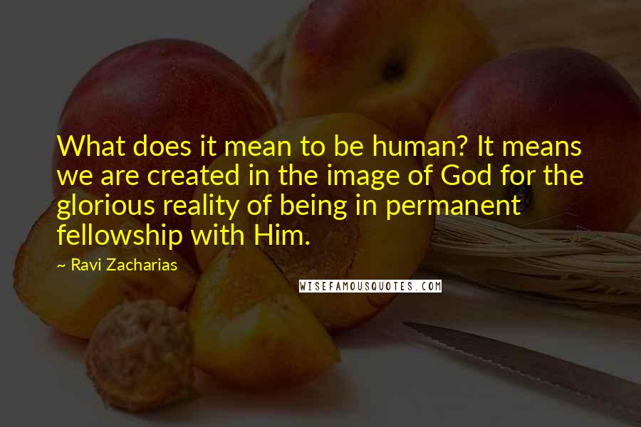 Ravi Zacharias Quotes: What does it mean to be human? It means we are created in the image of God for the glorious reality of being in permanent fellowship with Him.