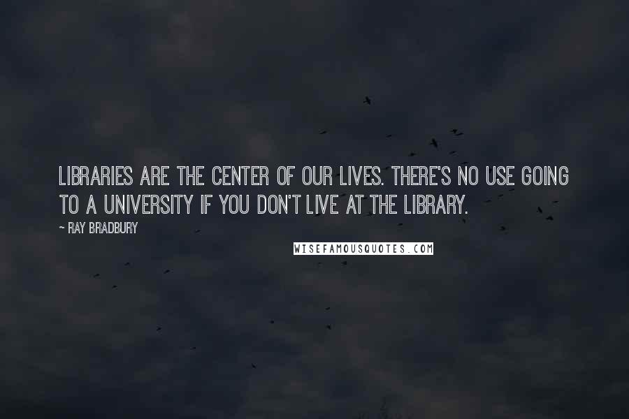 Ray Bradbury Quotes: Libraries are the center of our lives. There's no use going to a university if you don't live at the library.