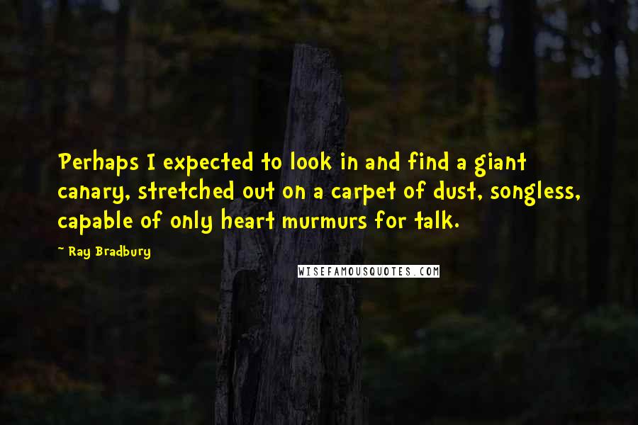 Ray Bradbury Quotes: Perhaps I expected to look in and find a giant canary, stretched out on a carpet of dust, songless, capable of only heart murmurs for talk.