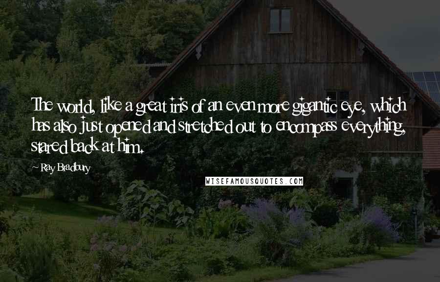 Ray Bradbury Quotes: The world, like a great iris of an even more gigantic eye, which has also just opened and stretched out to encompass everything, stared back at him.