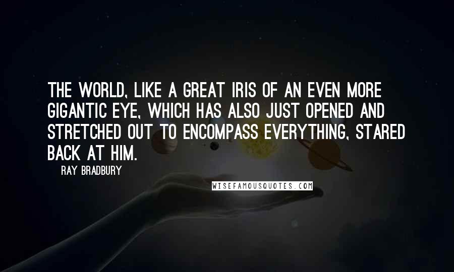 Ray Bradbury Quotes: The world, like a great iris of an even more gigantic eye, which has also just opened and stretched out to encompass everything, stared back at him.