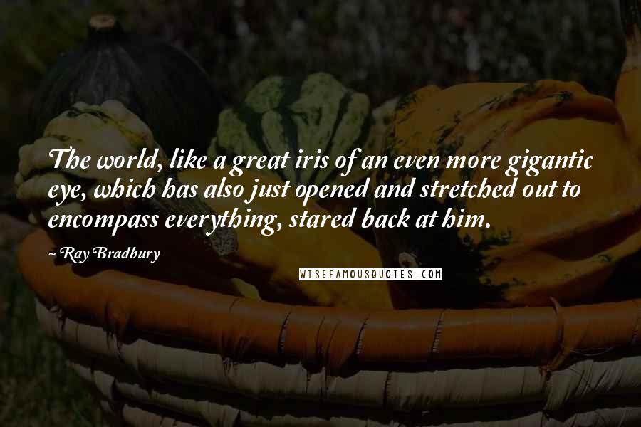 Ray Bradbury Quotes: The world, like a great iris of an even more gigantic eye, which has also just opened and stretched out to encompass everything, stared back at him.