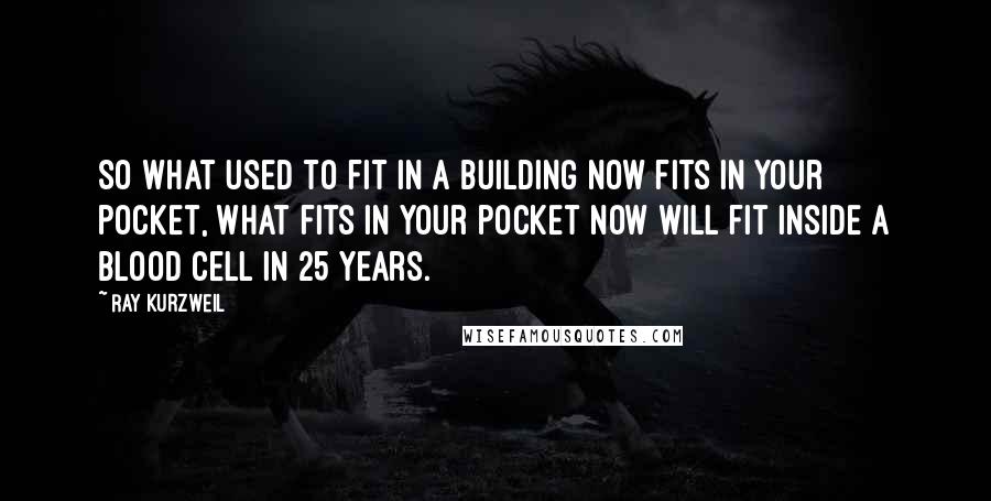 Ray Kurzweil Quotes: So what used to fit in a building now fits in your pocket, what fits in your pocket now will fit inside a blood cell in 25 years.
