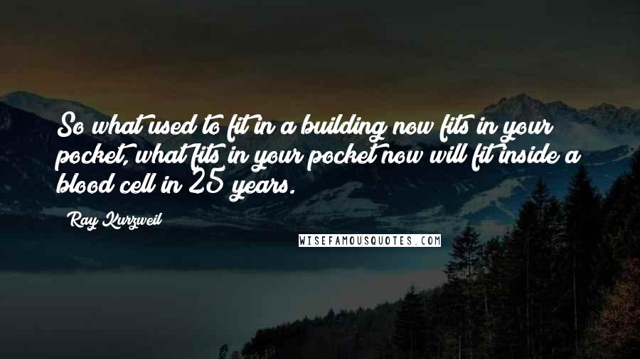 Ray Kurzweil Quotes: So what used to fit in a building now fits in your pocket, what fits in your pocket now will fit inside a blood cell in 25 years.