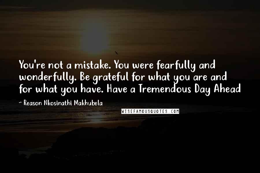Reason Nkosinathi Makhubela Quotes: You're not a mistake. You were fearfully and wonderfully. Be grateful for what you are and for what you have. Have a Tremendous Day Ahead