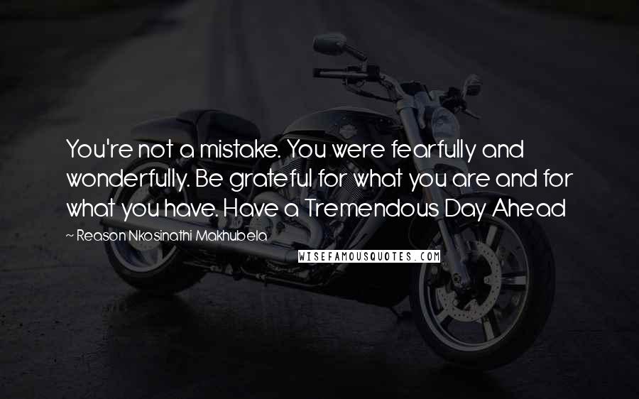 Reason Nkosinathi Makhubela Quotes: You're not a mistake. You were fearfully and wonderfully. Be grateful for what you are and for what you have. Have a Tremendous Day Ahead