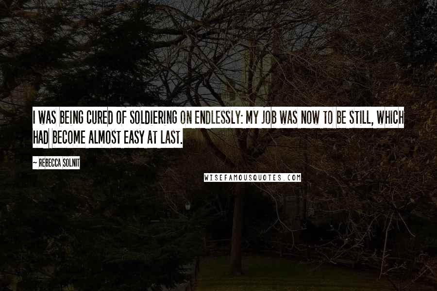 Rebecca Solnit Quotes: I was being cured of soldiering on endlessly: my job was now to be still, which had become almost easy at last.