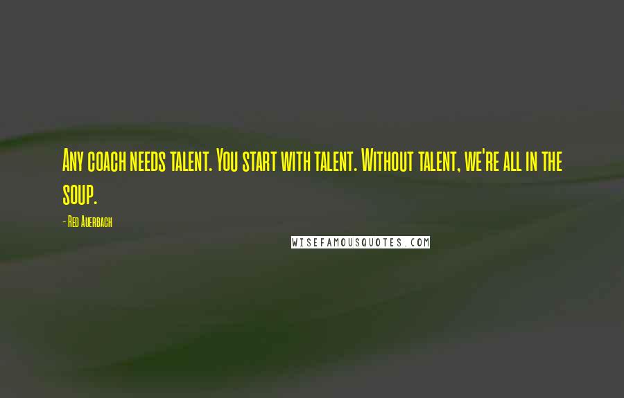 Red Auerbach Quotes: Any coach needs talent. You start with talent. Without talent, we're all in the soup.