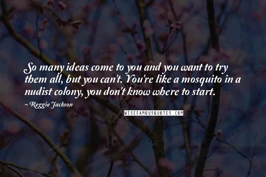 Reggie Jackson Quotes: So many ideas come to you and you want to try them all, but you can't. You're like a mosquito in a nudist colony, you don't know where to start.